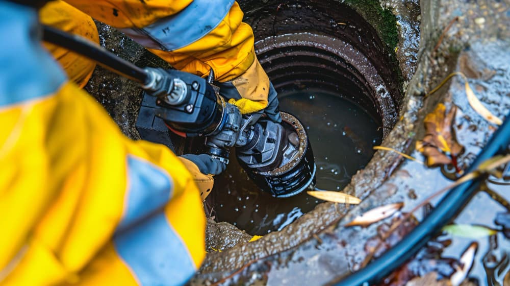 Drainage engineer inspecting an external drain with specialist equipment