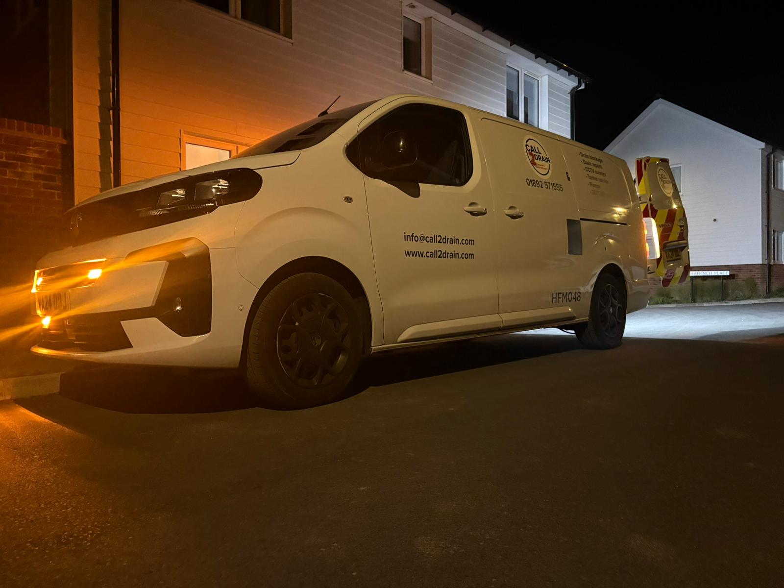 Call2Drain emergency drainage van out on a night call-out in Kent, Surrey, Sussex, Essex & London