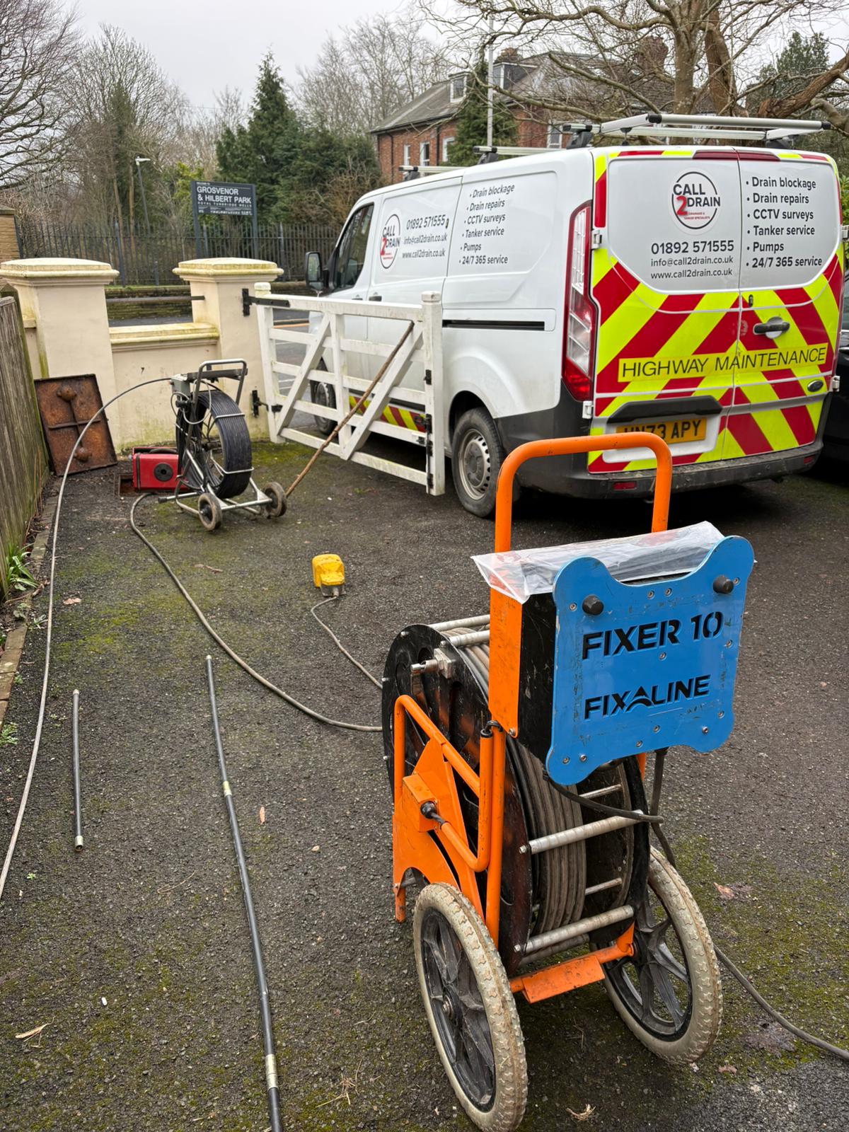 CCTV survey equipment and the Call2Drain van set up for a drain inspection in Kent, Surrey, Sussex, Essex & London